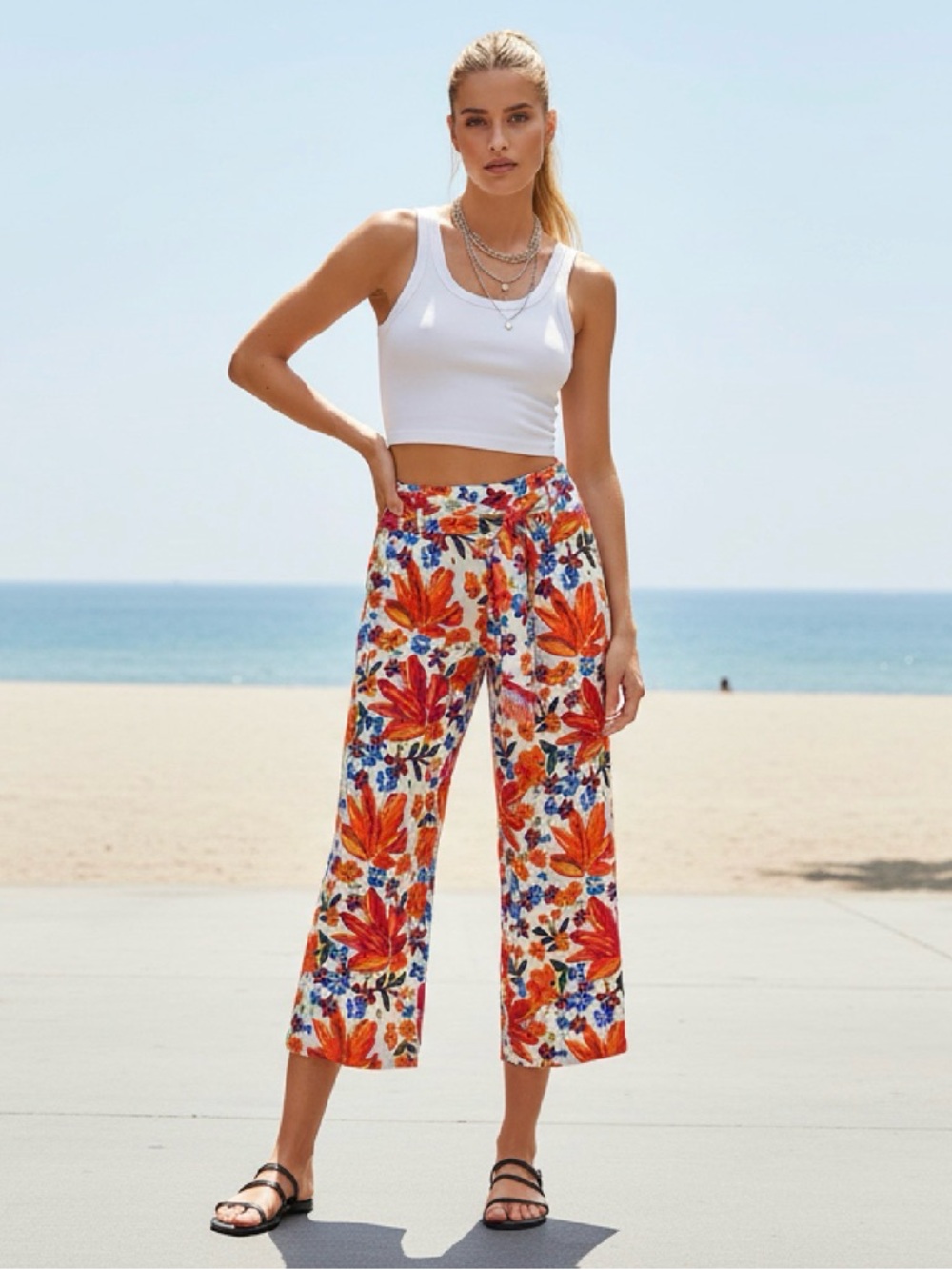 (#36)JOIE Floral Cropped Wide Leg Linen Blend Pants